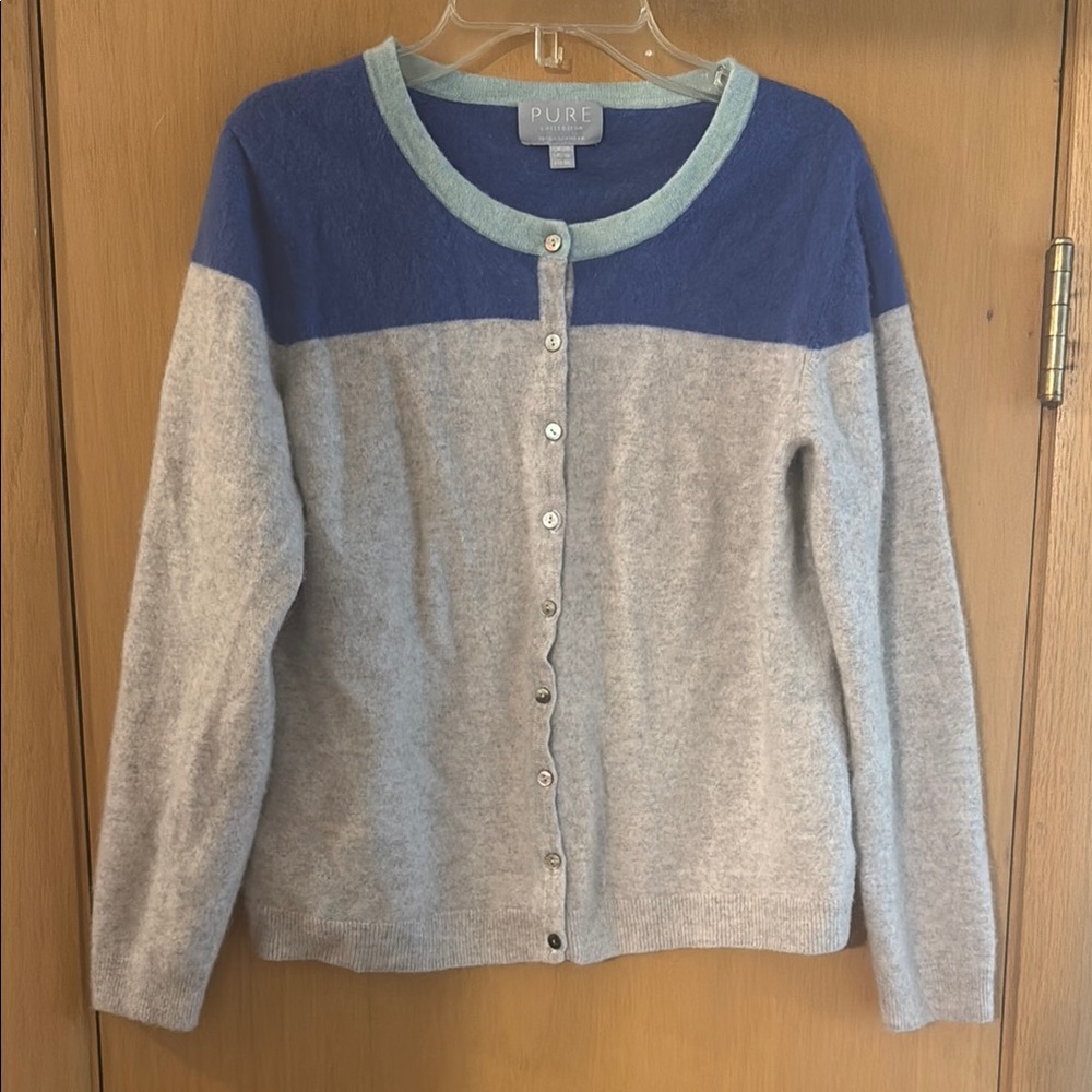Pure Collection Women's Cashmere Color Block Cardigan Sweater Gray Size 16-18
